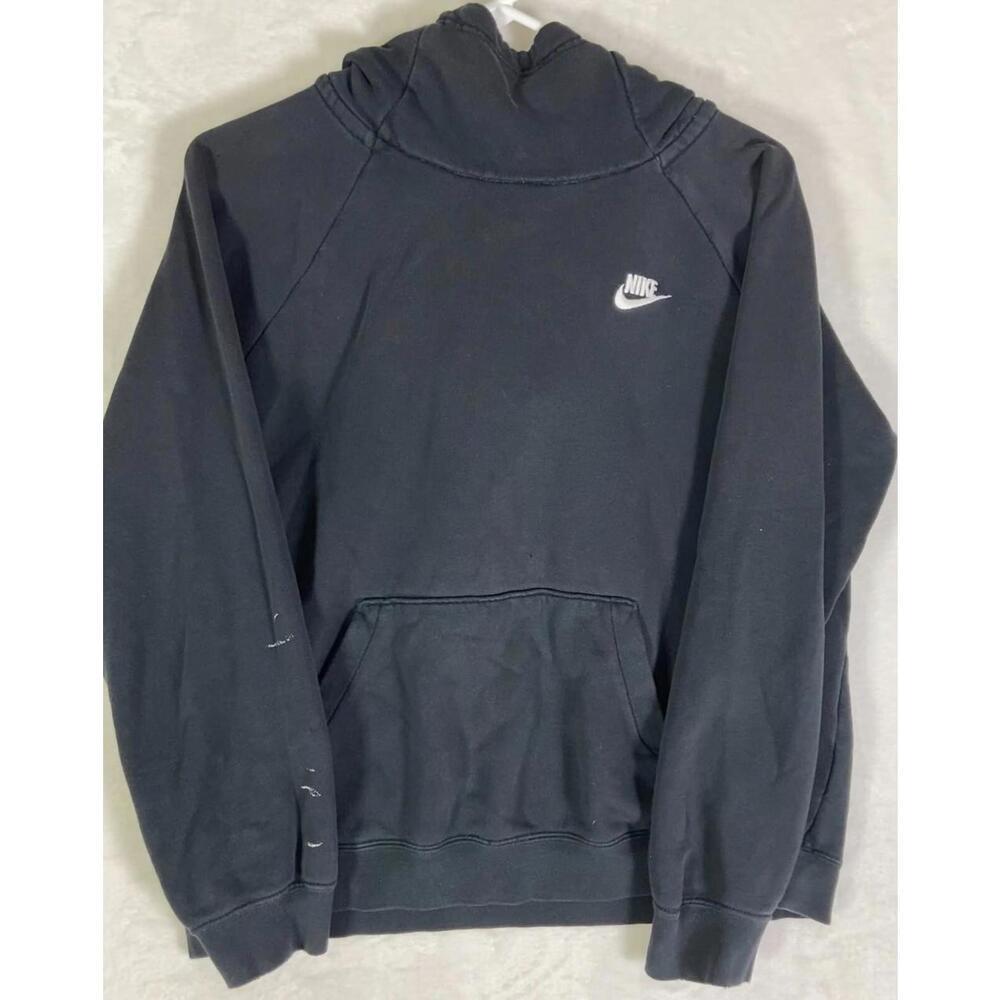 Nike Hoodie Men Medium Black Swoosh Hooded Pullover Spell Out Fleece Tonal Club